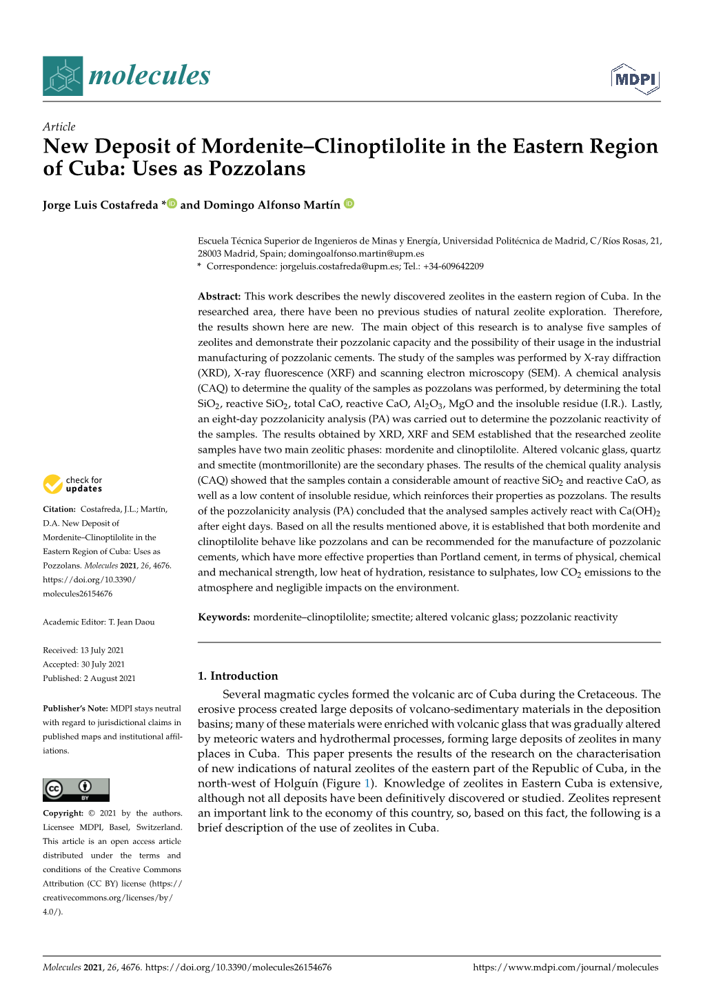 New Deposit of Mordenite–Clinoptilolite in the Eastern Region of Cuba: Uses As Pozzolans