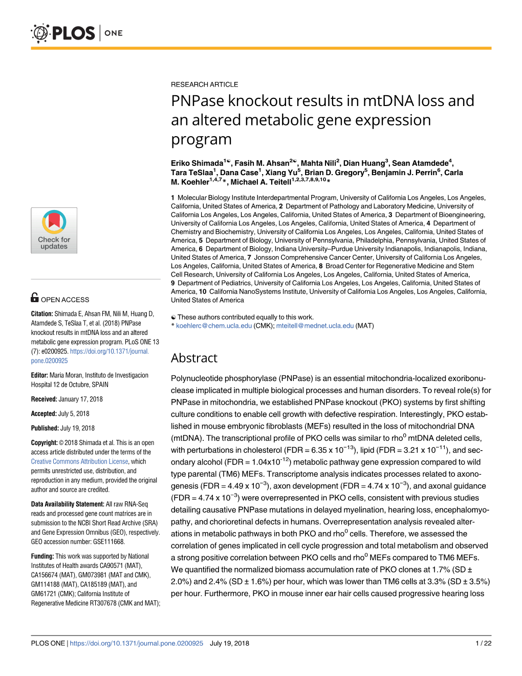 Pnpase Knockout Results in Mtdna Loss and an Altered Metabolic Gene Expression Program