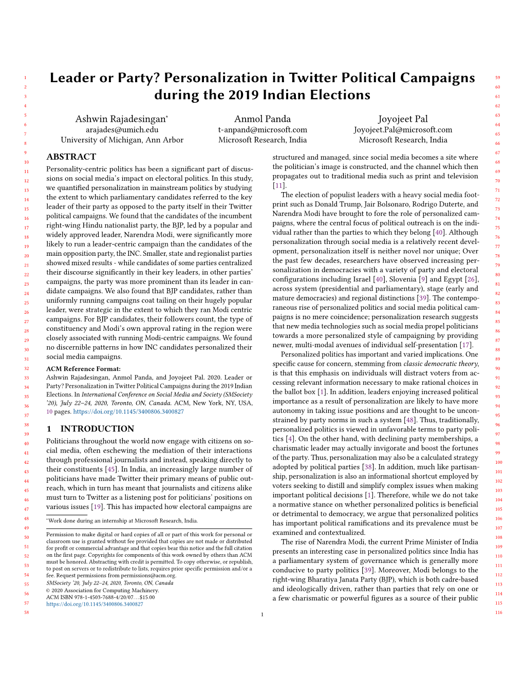 Leader Or Party? Personalization in Twitter Political Campaigns During the 2019 Indian Elections Smsociety ’20, July 22–24, 2020, Toronto, ON,Canada