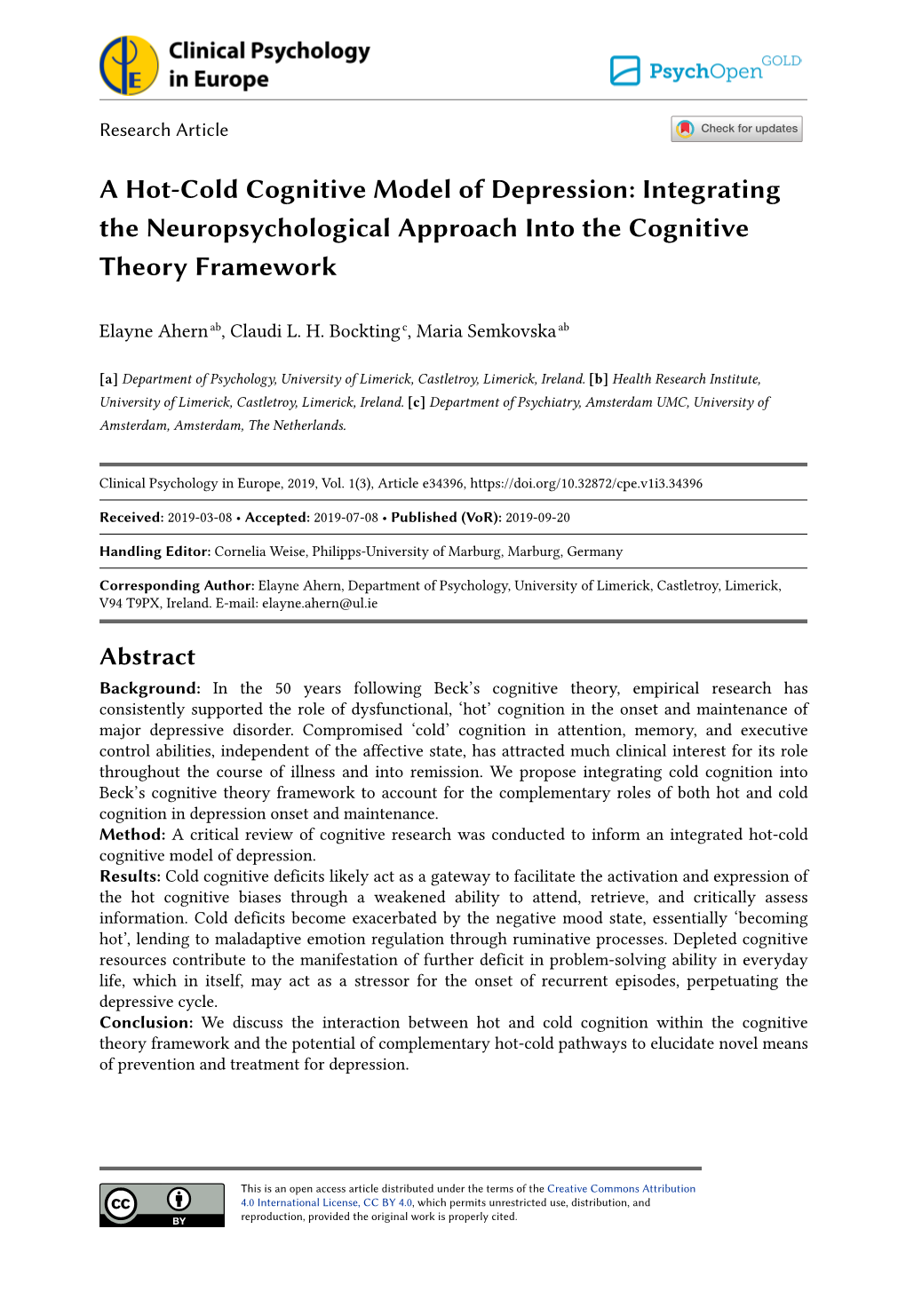 A Hot-Cold Cognitive Model of Depression: Integrating the Neuropsychological Approach Into the Cognitive Theory Framework