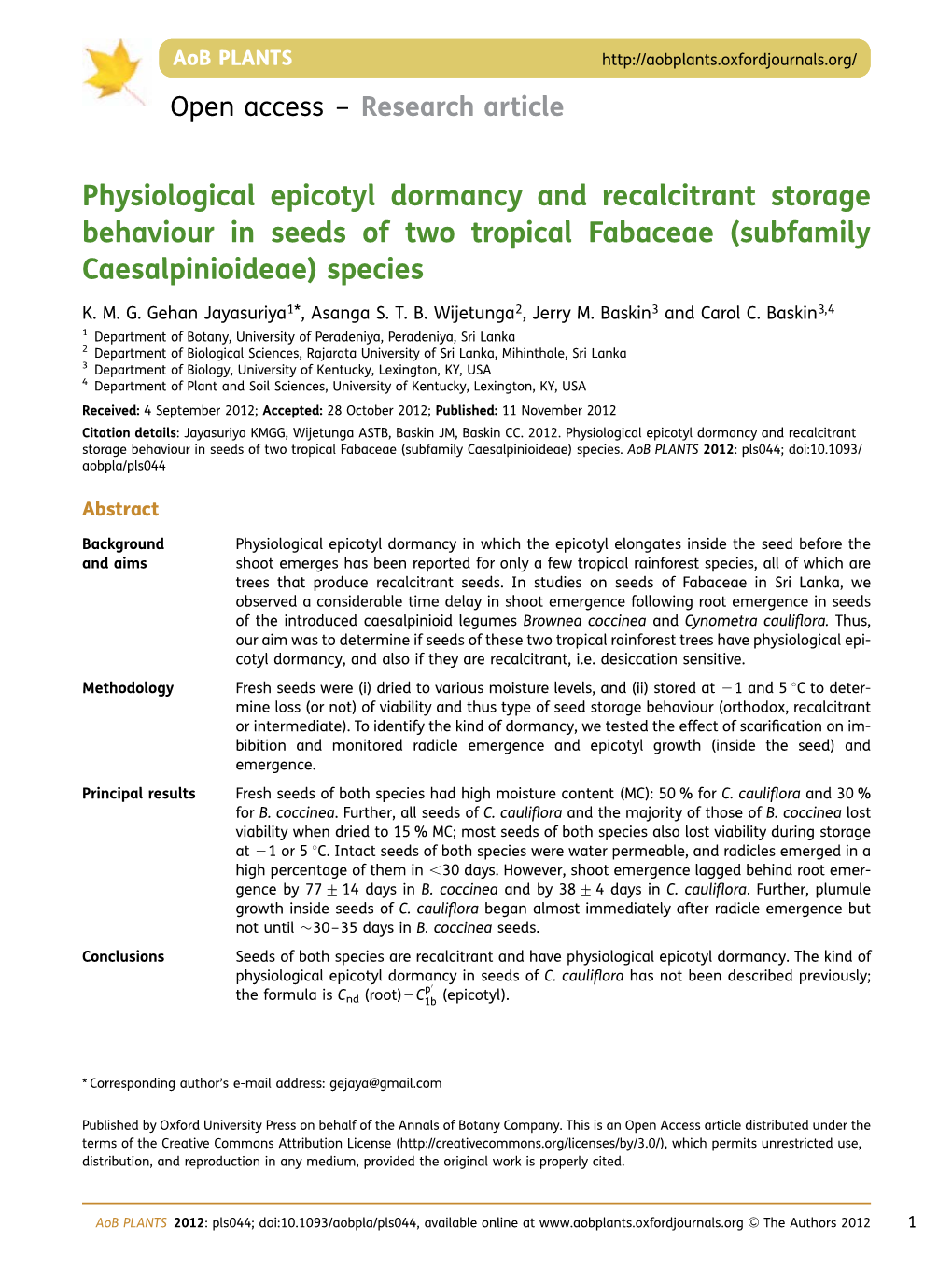 Physiological Epicotyl Dormancy and Recalcitrant Storage Behaviour in Seeds of Two Tropical Fabaceae (Subfamily Caesalpinioideae) Species