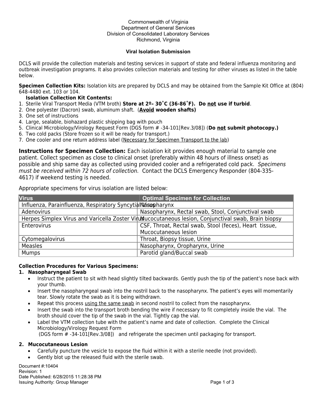 Protocol for the Collection and Submission of Specimens for Herpes Testing