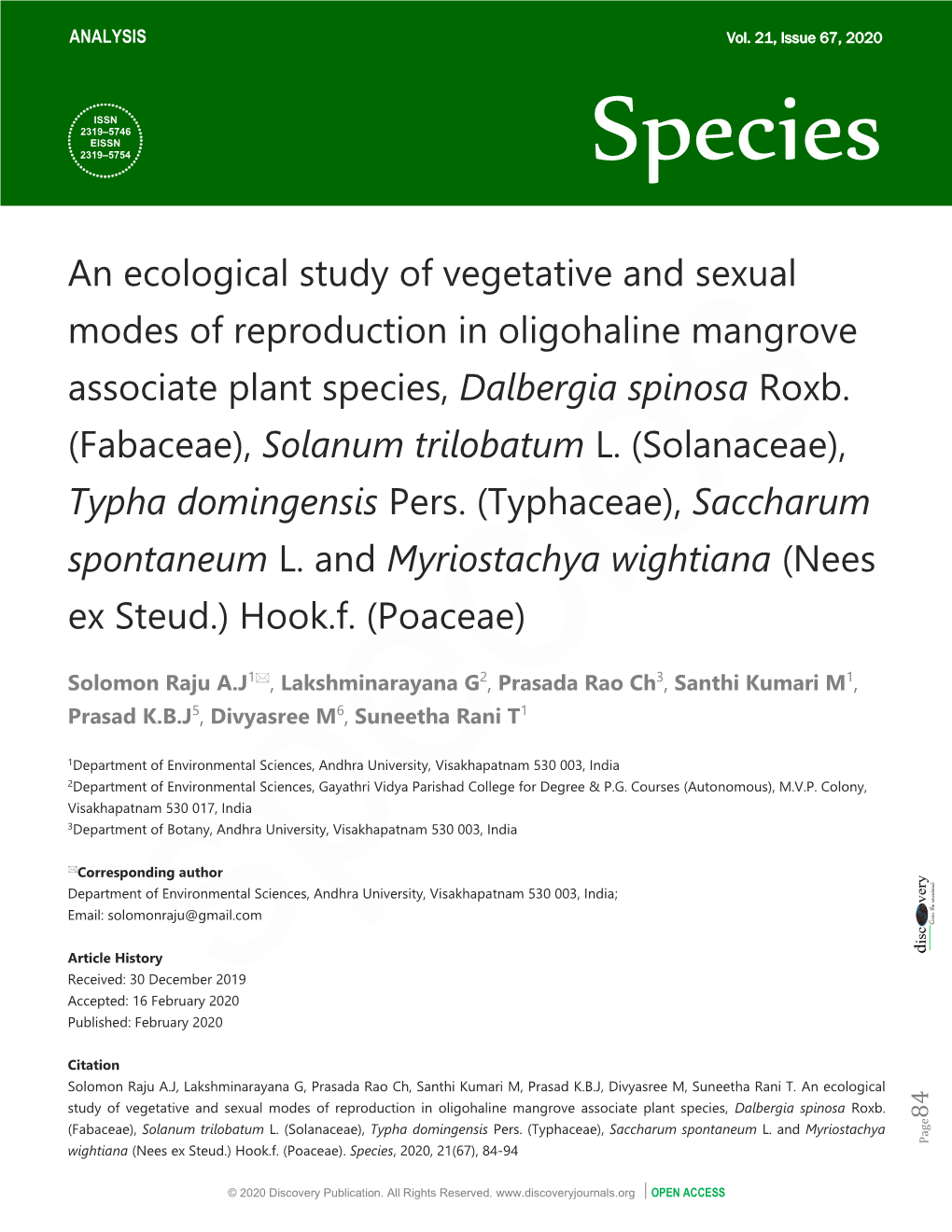 An Ecological Study of Vegetative and Sexual Modes of Reproduction in Oligohaline Mangrove Associate Plant Species, Dalbergia Spinosa Roxb