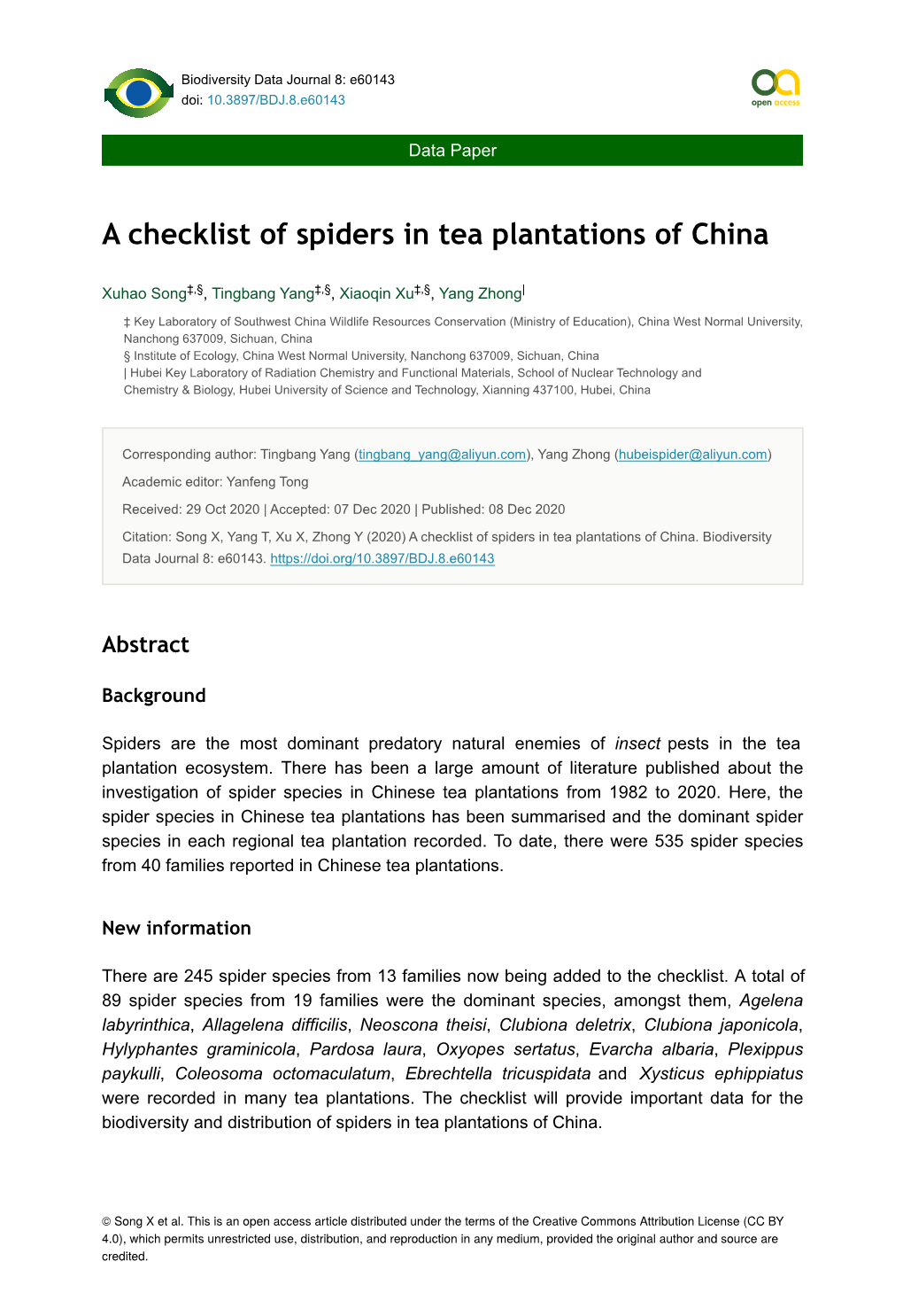 A Checklist of Spiders in Tea Plantations of China