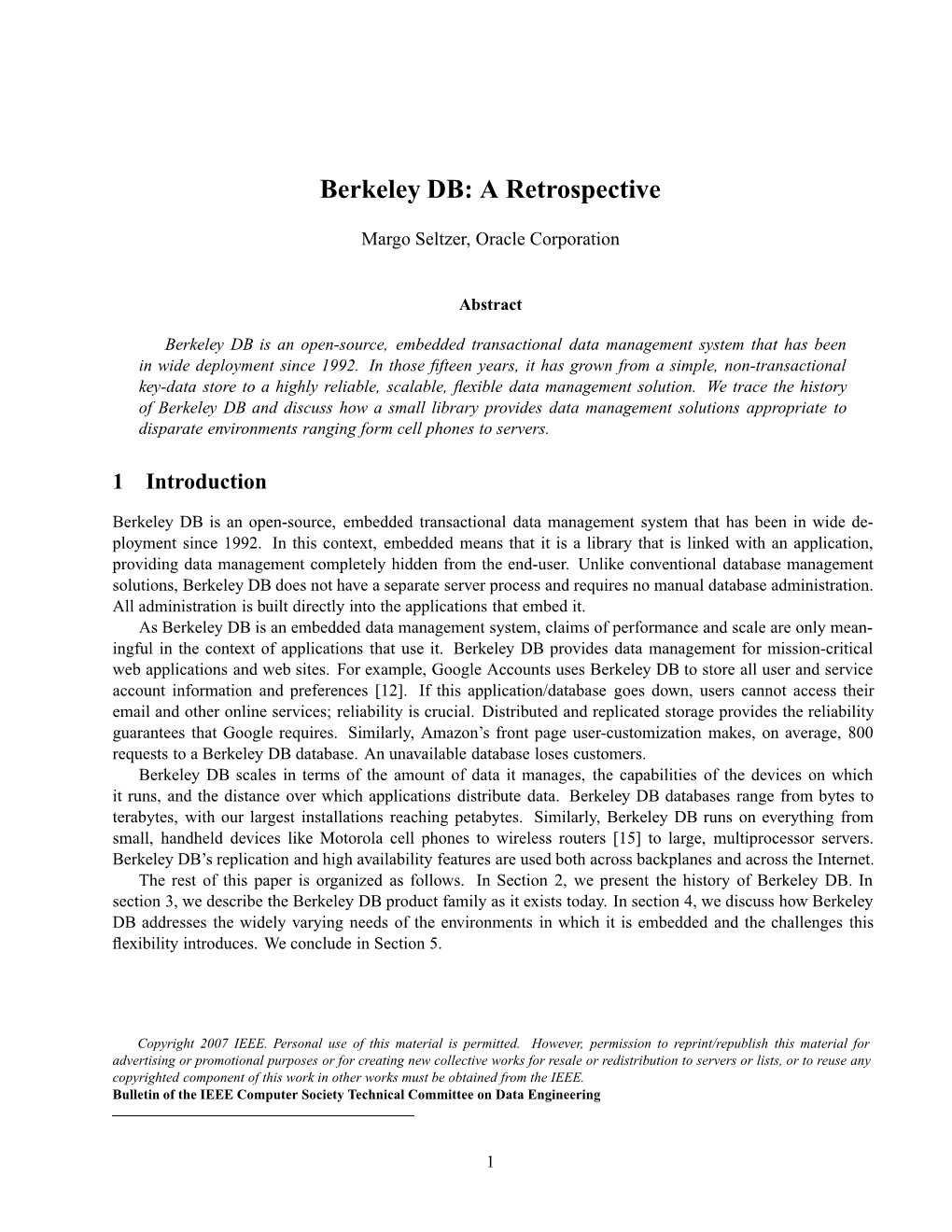 Berkeley DB: a Retrospective