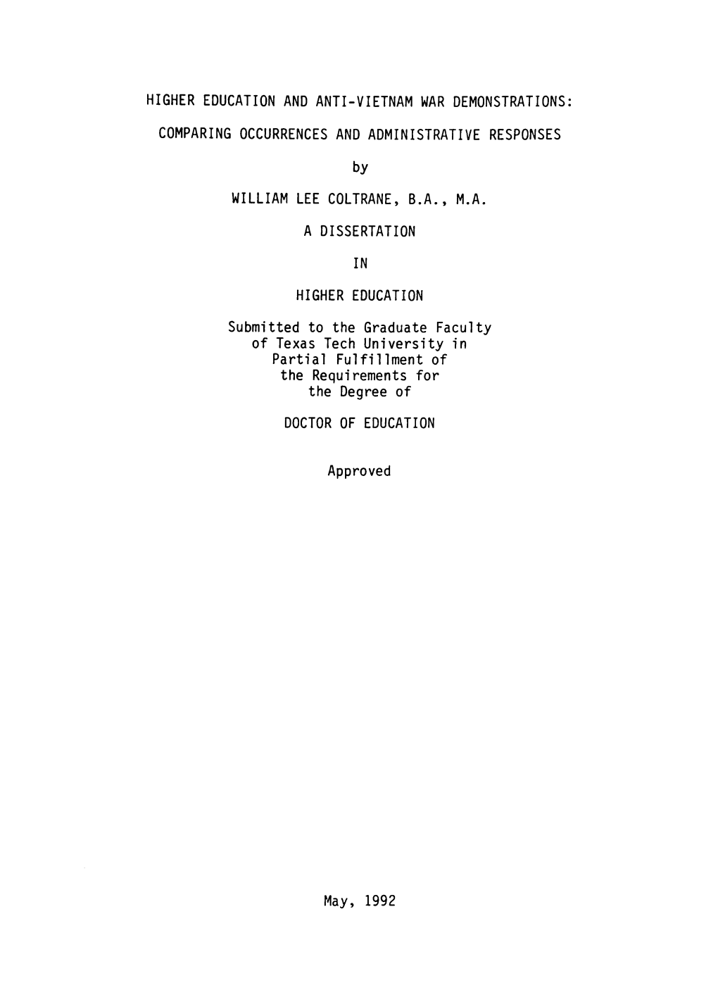 Higher Education and Anti-Vietnam War Demonstrations Comparing Occurrences and Administrative Responses