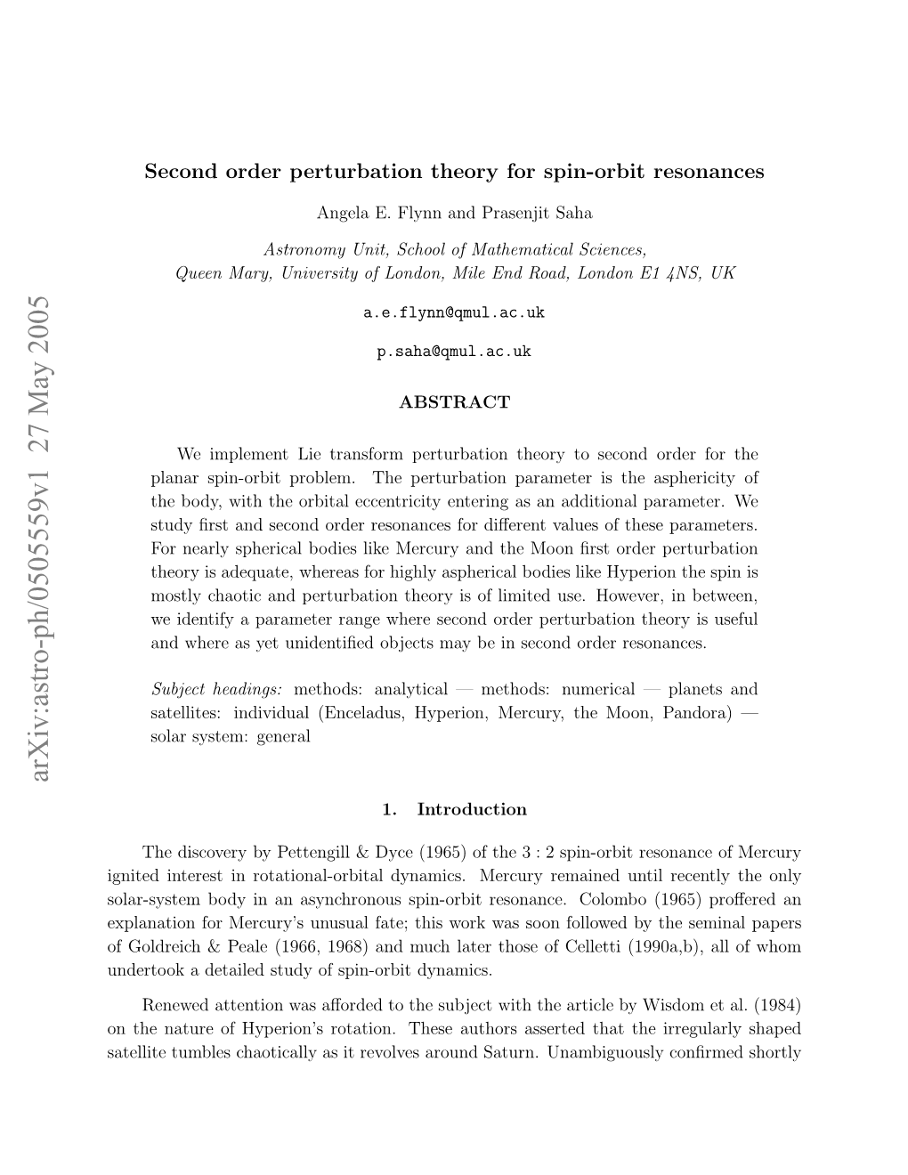 Second Order Perturbation Theory for Spin-Orbit Resonances