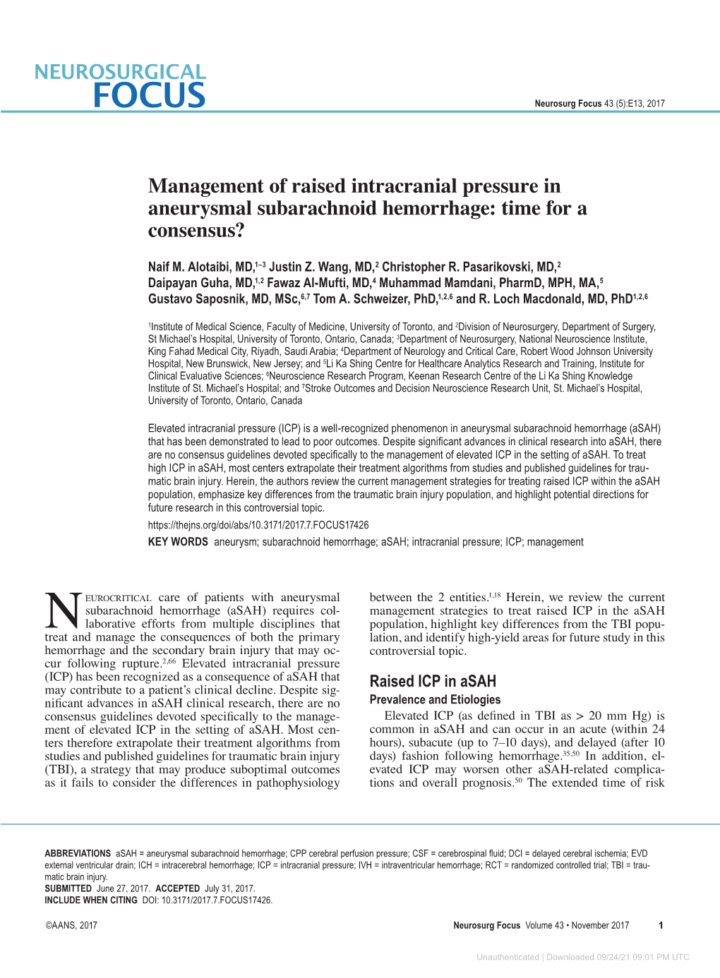 Management of Raised Intracranial Pressure in Aneurysmal Subarachnoid Hemorrhage: Time for a Consensus?