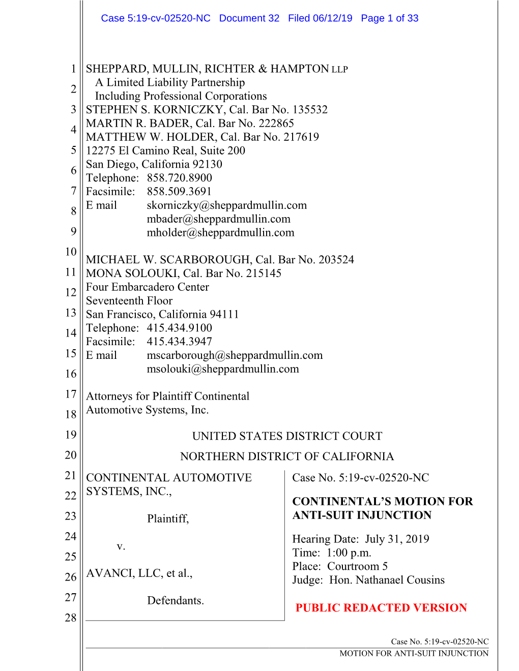 MOTION for ANTI-SUIT INJUNCTION Case 5:19-Cv-02520-NC Document 32 Filed 06/12/19 Page 2 of 33