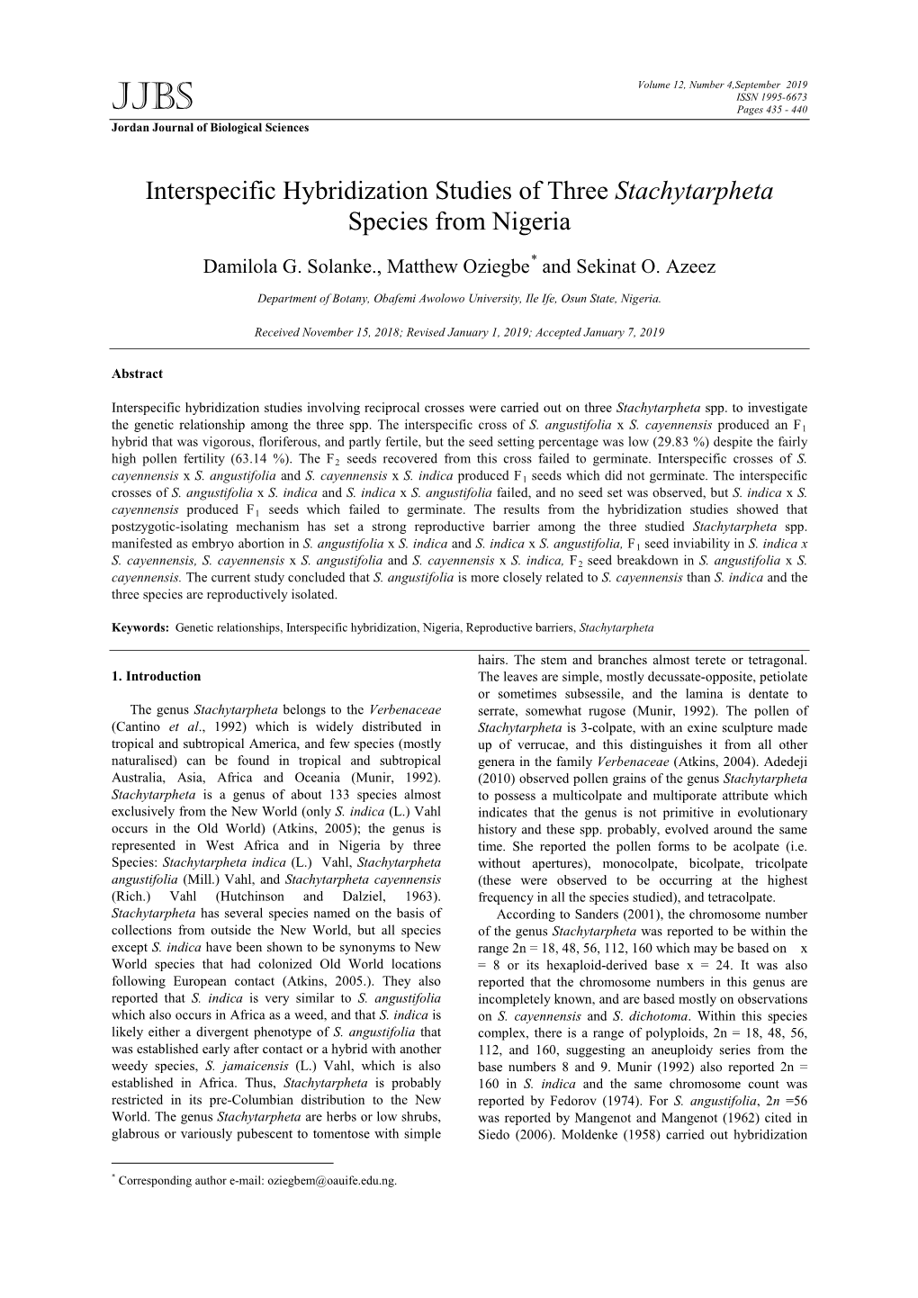 Interspecific Hybridization Studies of Three Stachytarpheta Species from Nigeria