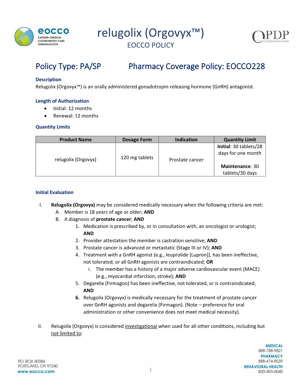 Relugolix (Orgovyx™) EOCCO POLICY