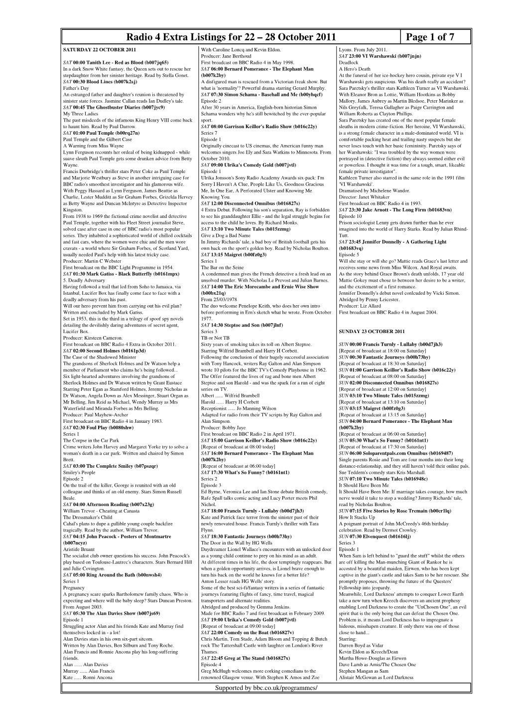 Radio 4 Extra Listings for 22 – 28 October 2011 Page 1 of 7 SATURDAY 22 OCTOBER 2011 with Caroline Loncq and Kevin Eldon