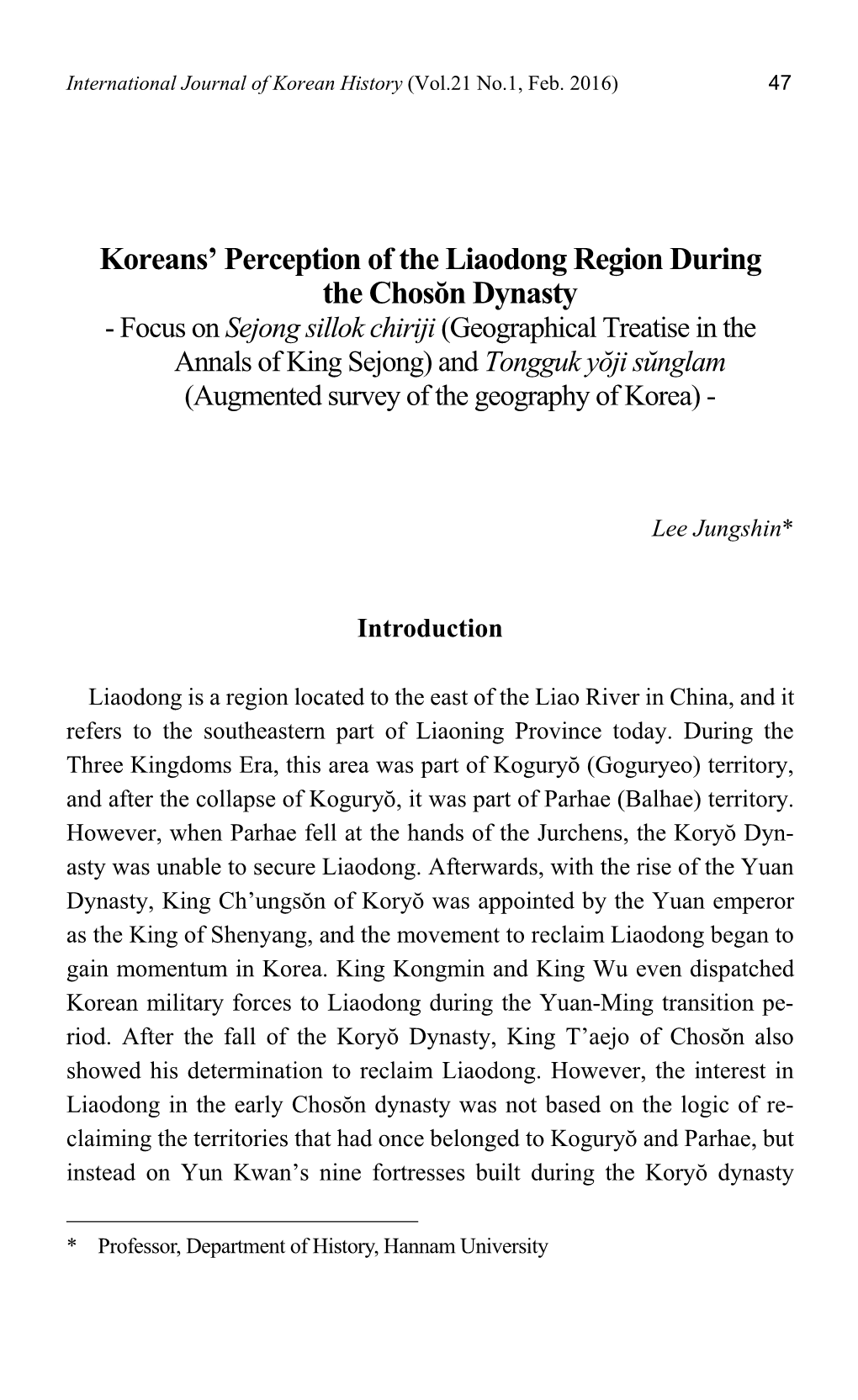 Koreans' Perception of the Liaodong Region During the Chosŏn Dynasty