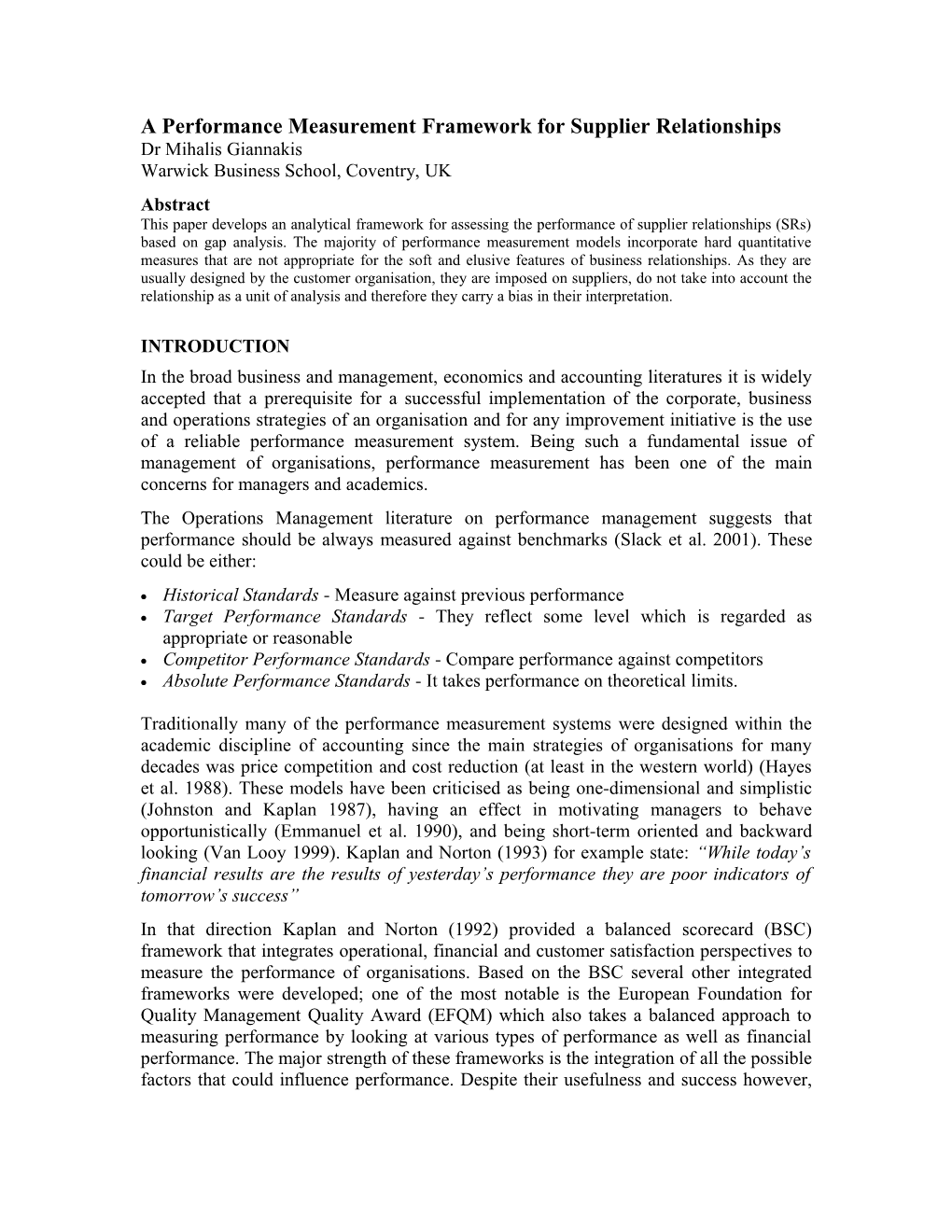 A Performance Measurement Framework for Supplier Relationships