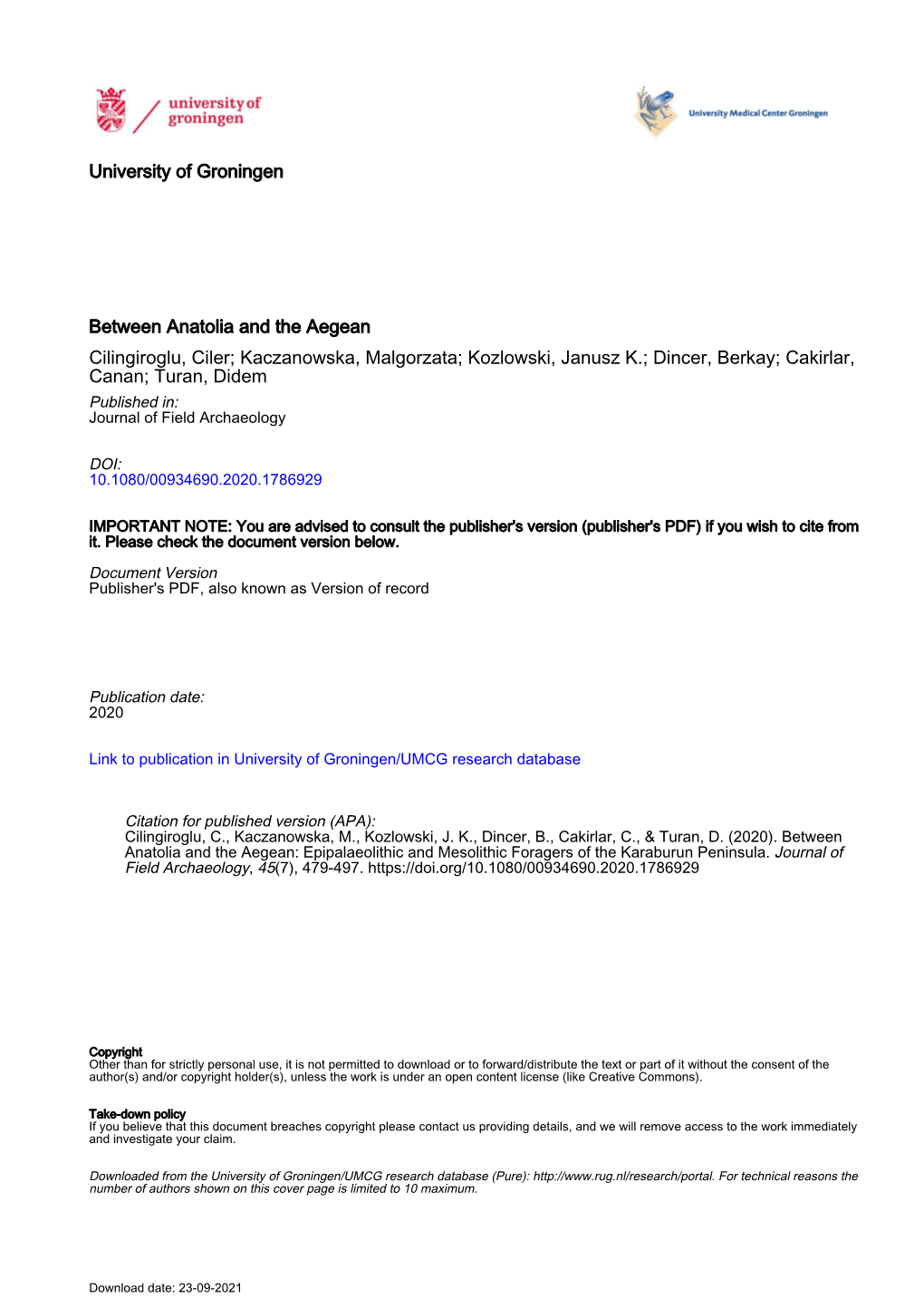 Epipalaeolithic and Mesolithic Foragers of the Karaburun Peninsula