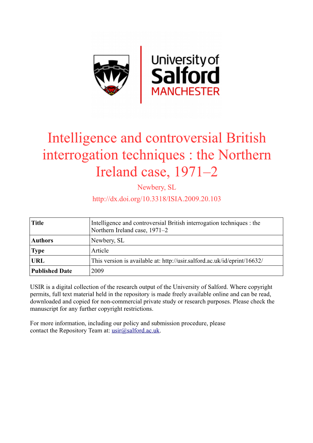 Intelligence and Controversial British Interrogation Techniques : the Northern Ireland Case, 1971–2 Newbery, SL