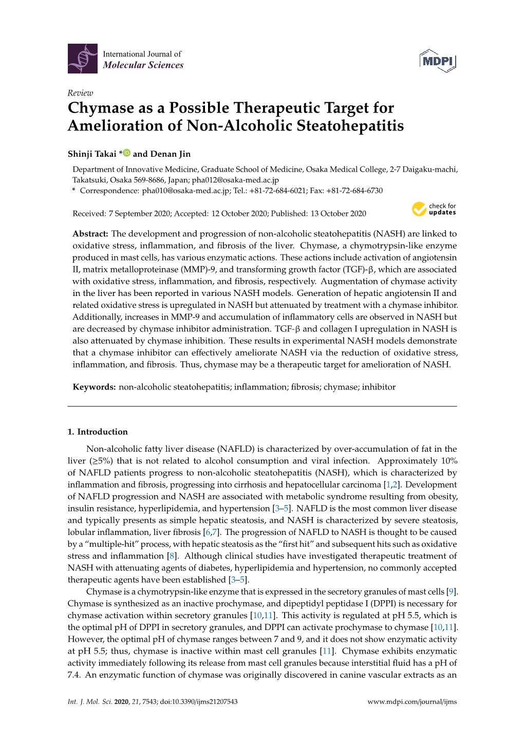 Chymase As a Possible Therapeutic Target for Amelioration of Non-Alcoholic Steatohepatitis