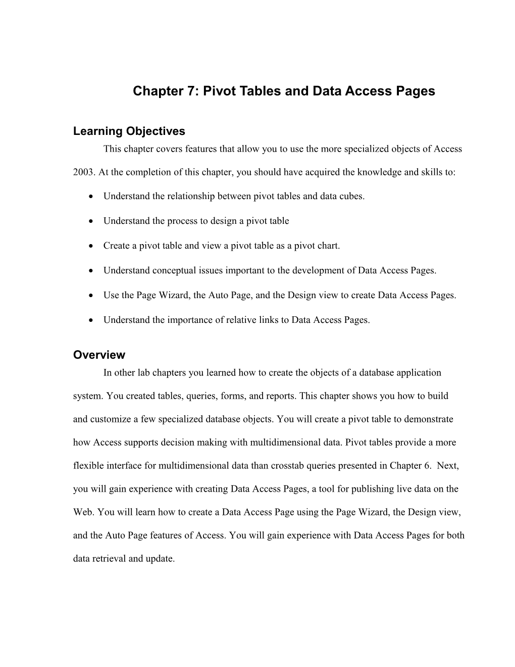 Chapter 7: Pivot Tables and Data Access Pages