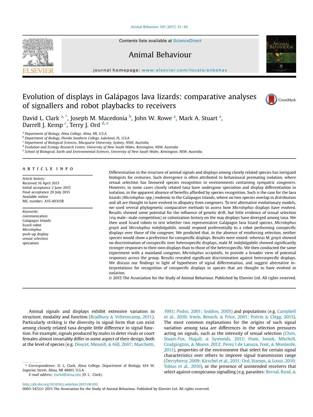 Evolution of Displays in Galapagos Lava Lizards: Comparative