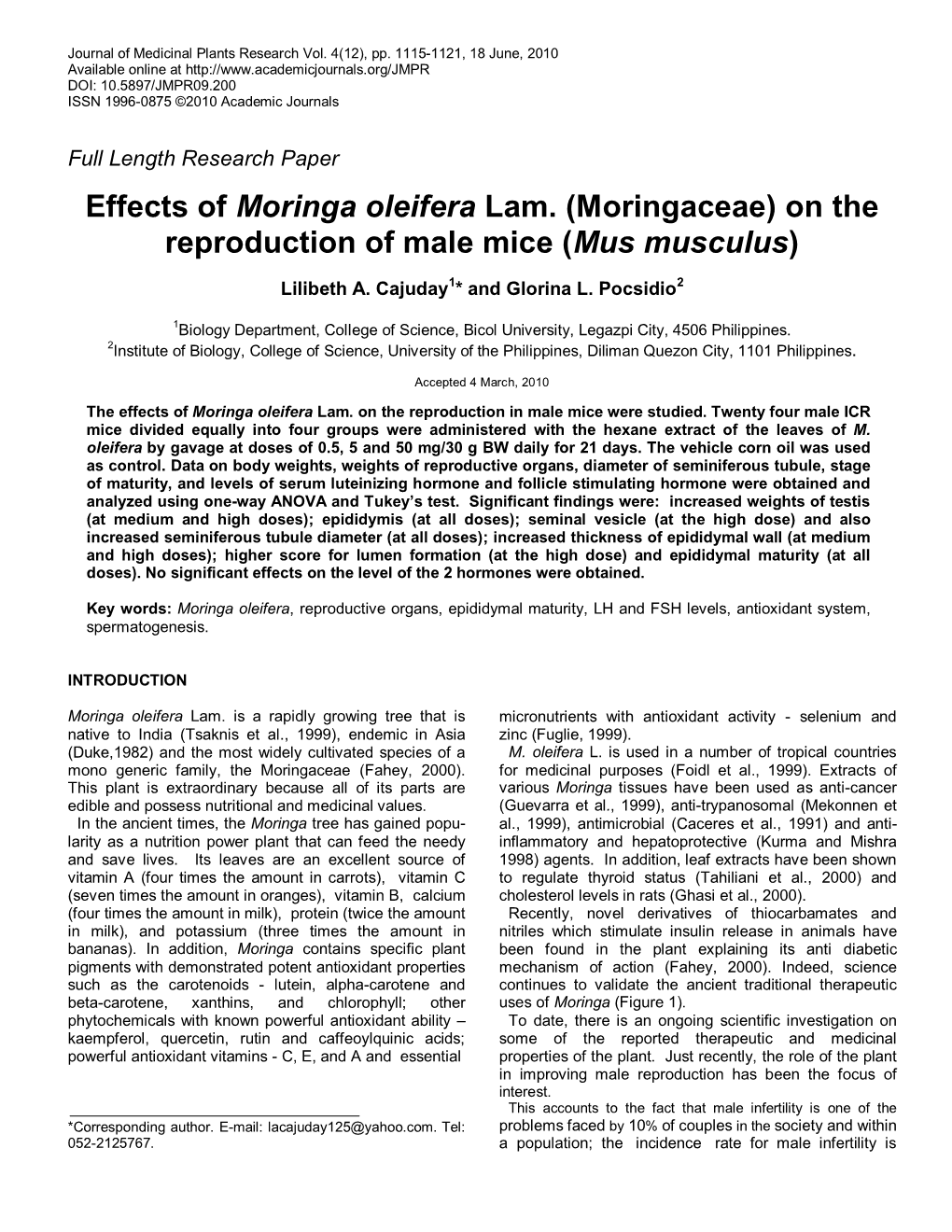 Histoarchitecture of the Genital Tract of Mice Treated with Hexane Fraction Of