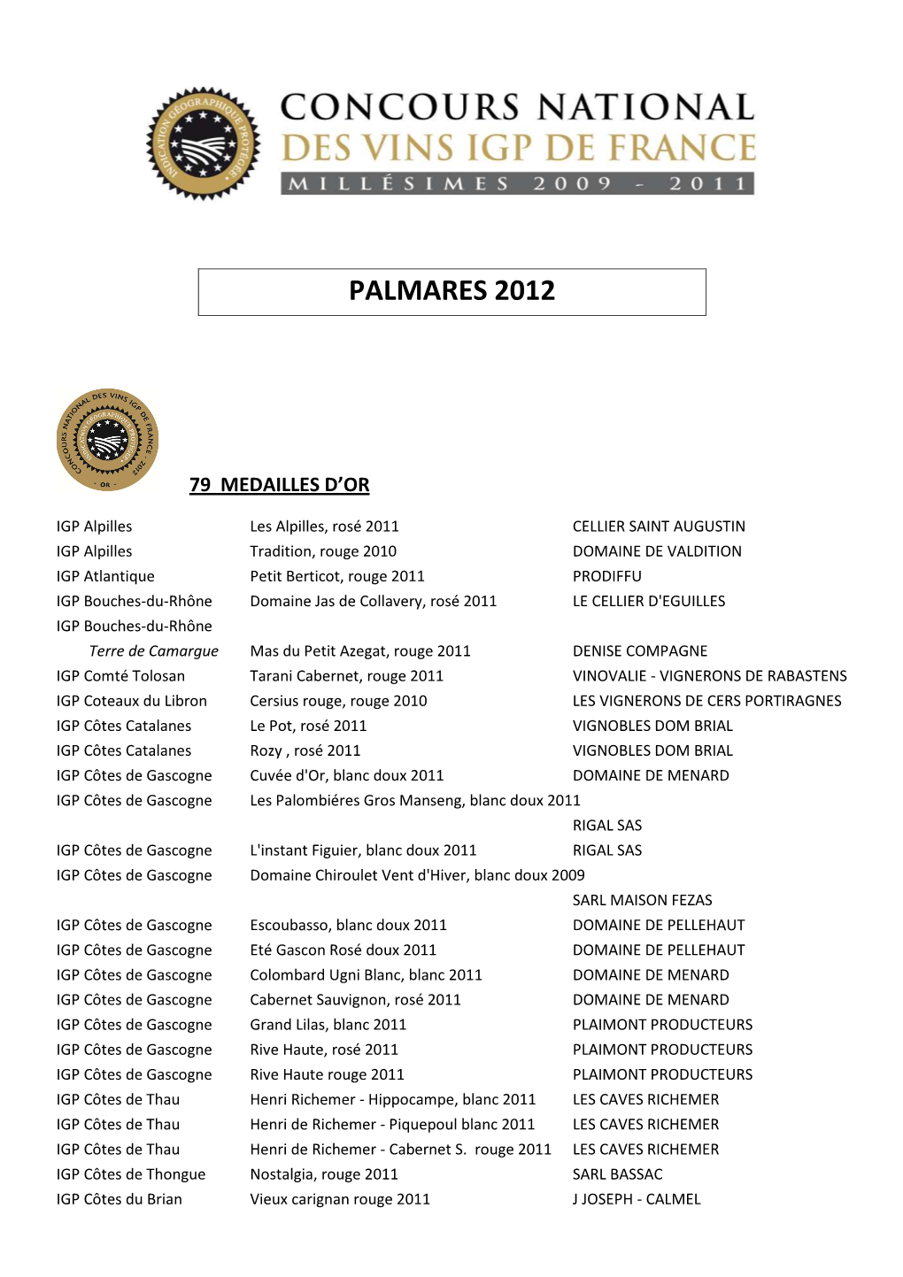 PALMARES 2012 Concours National