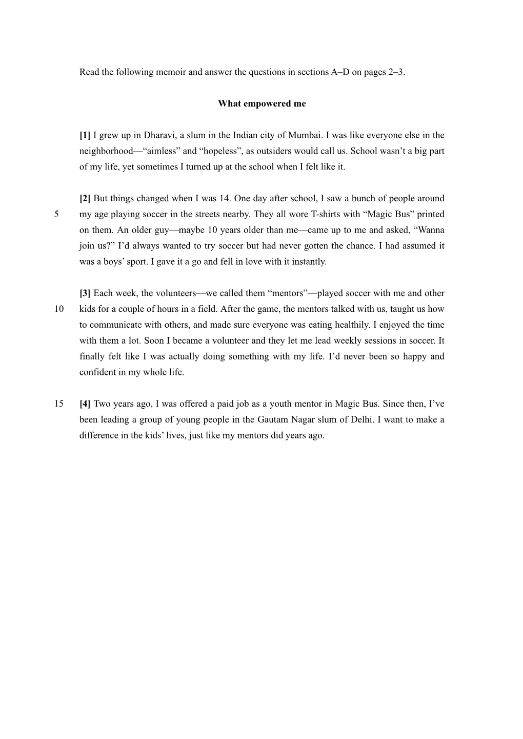 Read the Following Memoir and Answer the Questions in Sections A–D on Pages 2–3