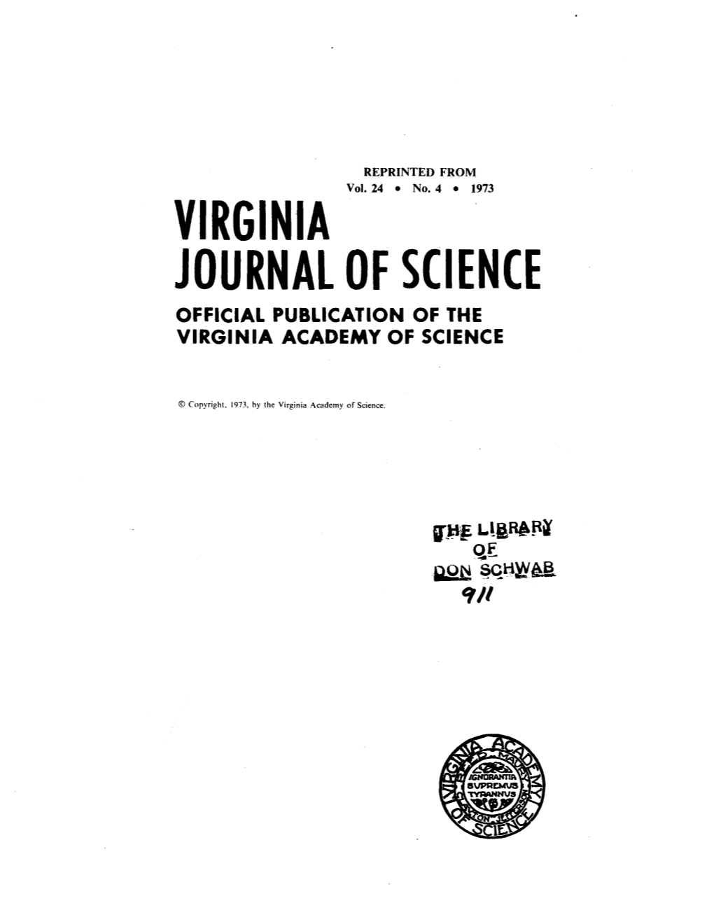 Virginia Journal of Science Official Publication of the Virginia Academy of Science