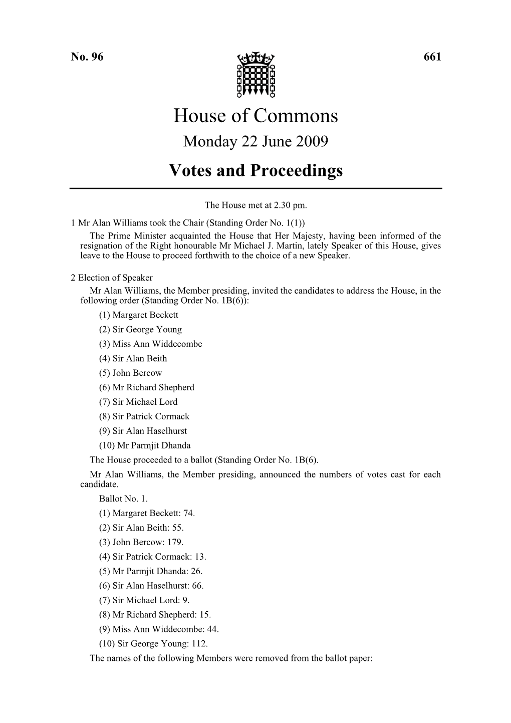 House of Commons Monday 22 June 2009 Votes and Proceedings