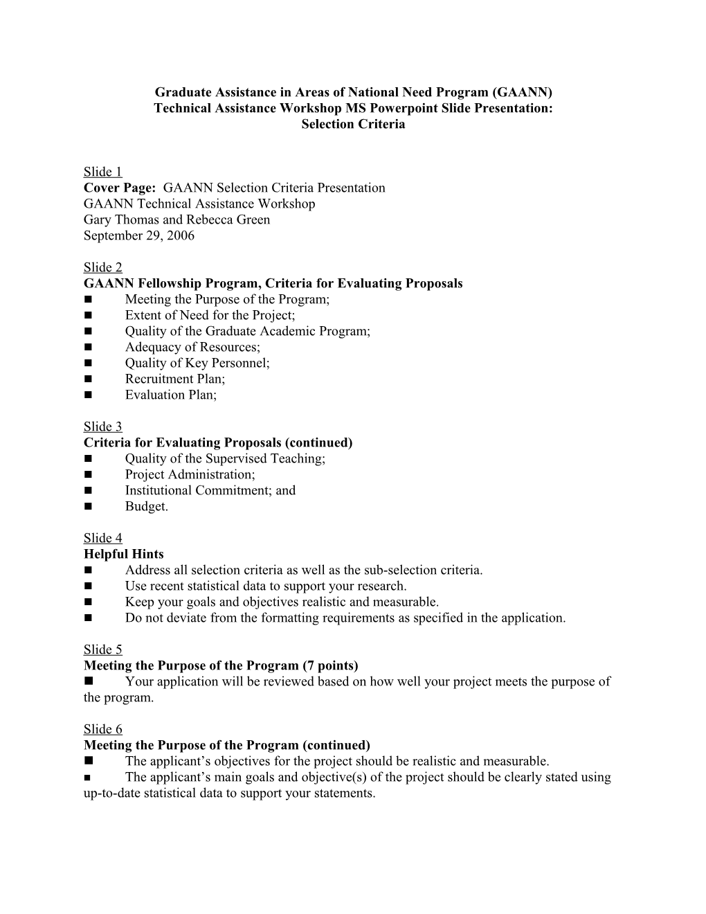 Workshop Presentation - Selection Criteria for the Graduate Assistance in Areas of National