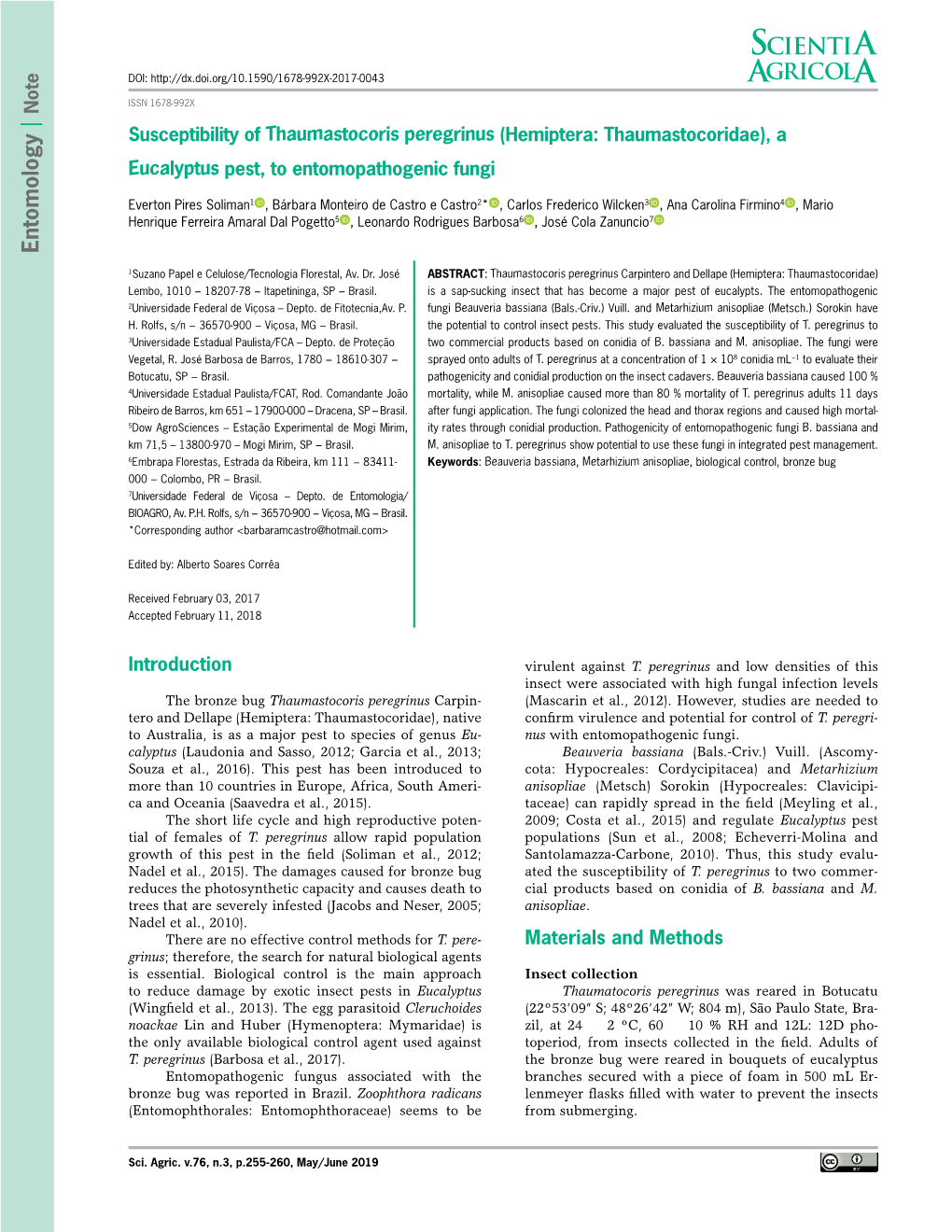 Susceptibility of Thaumastocoris Peregrinus (Hemiptera: Thaumastocoridae), a Eucalyptus Pest, to Entomopathogenic Fungi