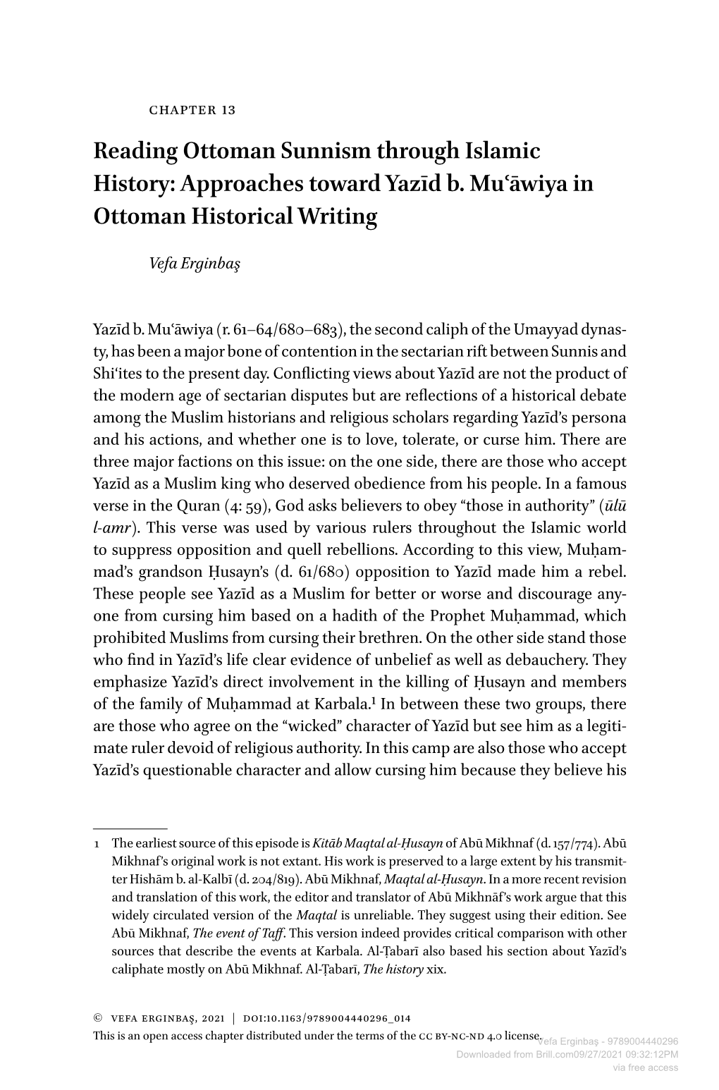 Reading Ottoman Sunnism Through Islamic History: Approaches Toward Yazīd B