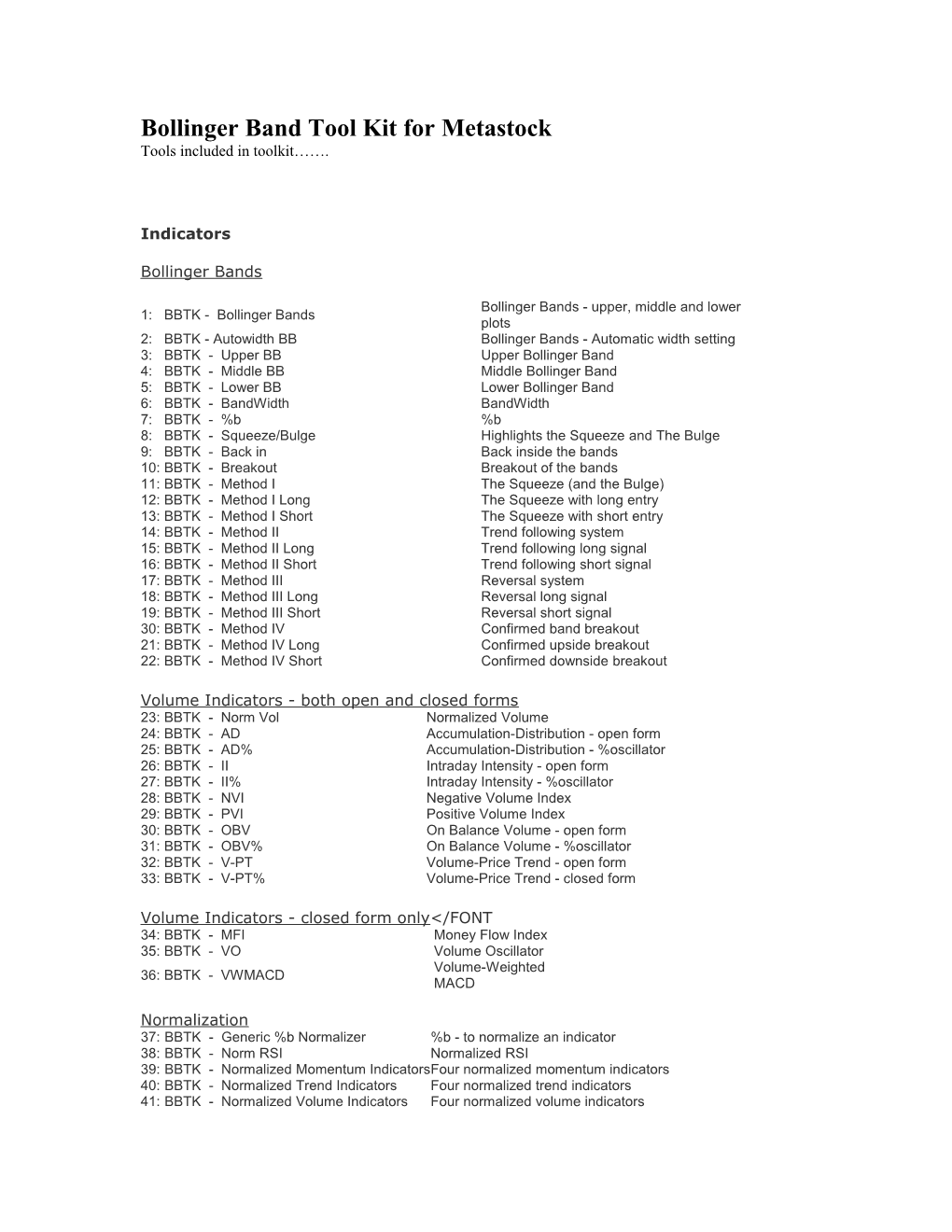 Bollinger Band Tool Kit for Metastock