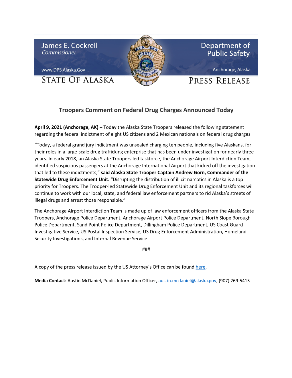 Troopers Comment on Federal Drug Charges Announced Today