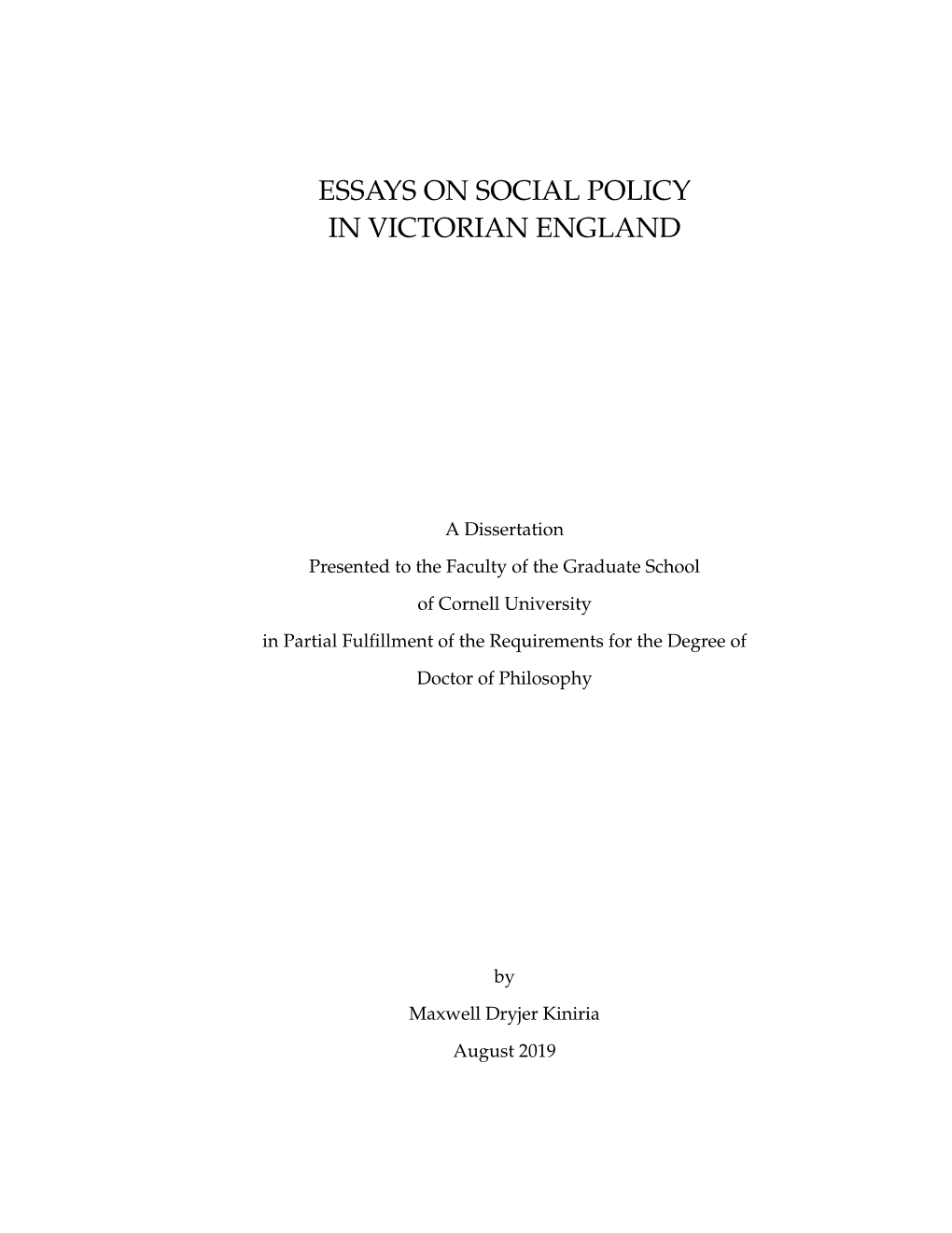 Essays on Social Policy in Victorian England