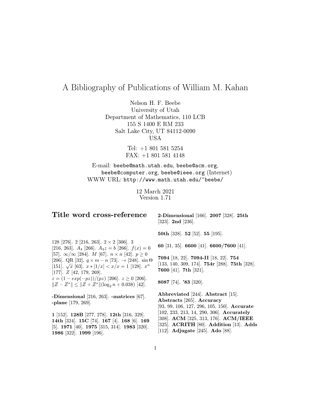 A Bibliography of Publications of William M. Kahan