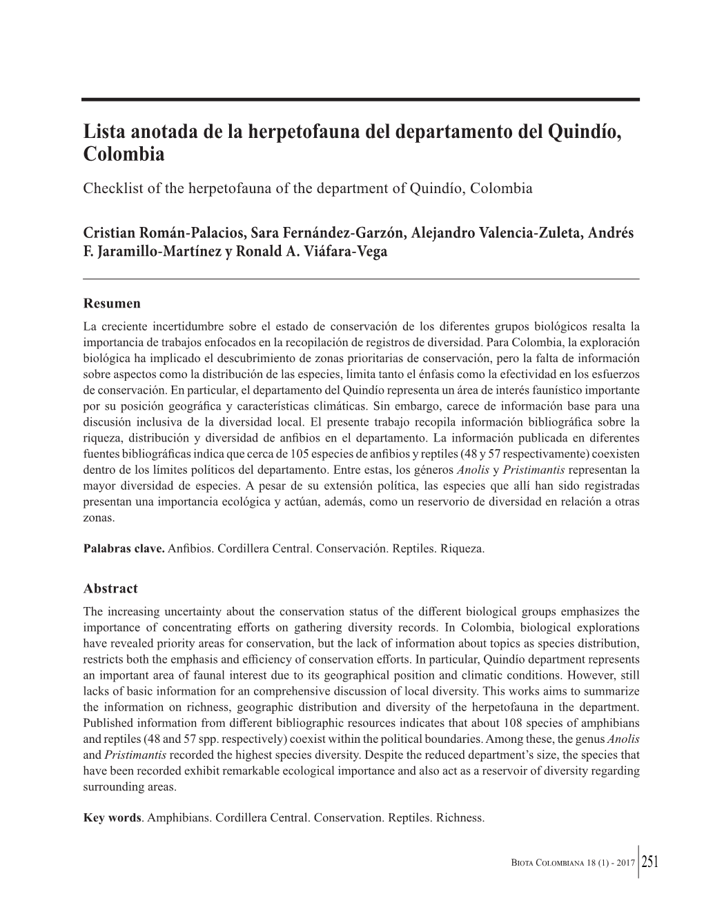 Lista Anotada De La Herpetofauna Del Departamento Del Quindío, Colombia Checklist of the Herpetofauna of the Department of Quindío, Colombia
