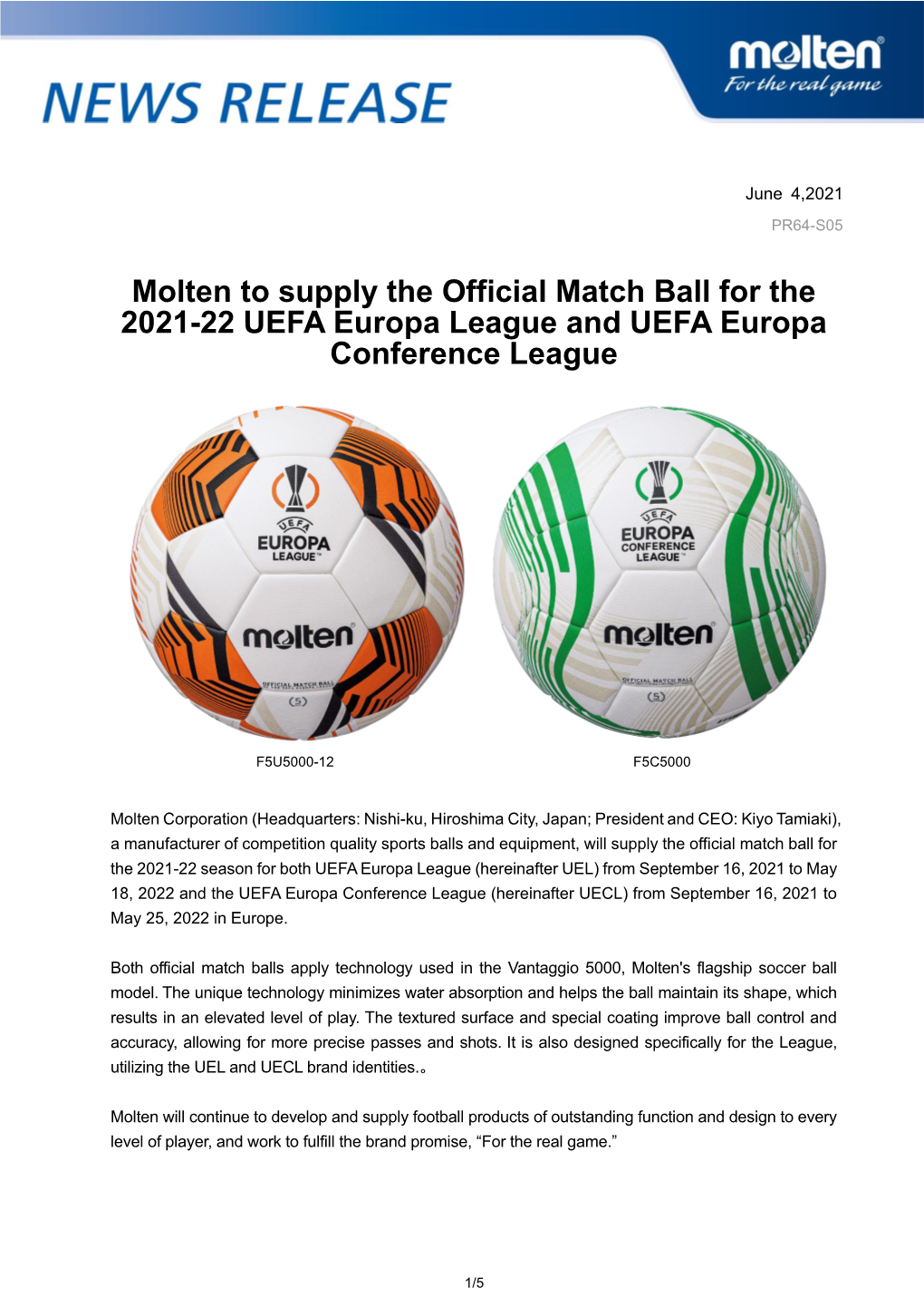 Molten to Supply the Official Match Ball for the 2021-22 UEL and UCL(PDF