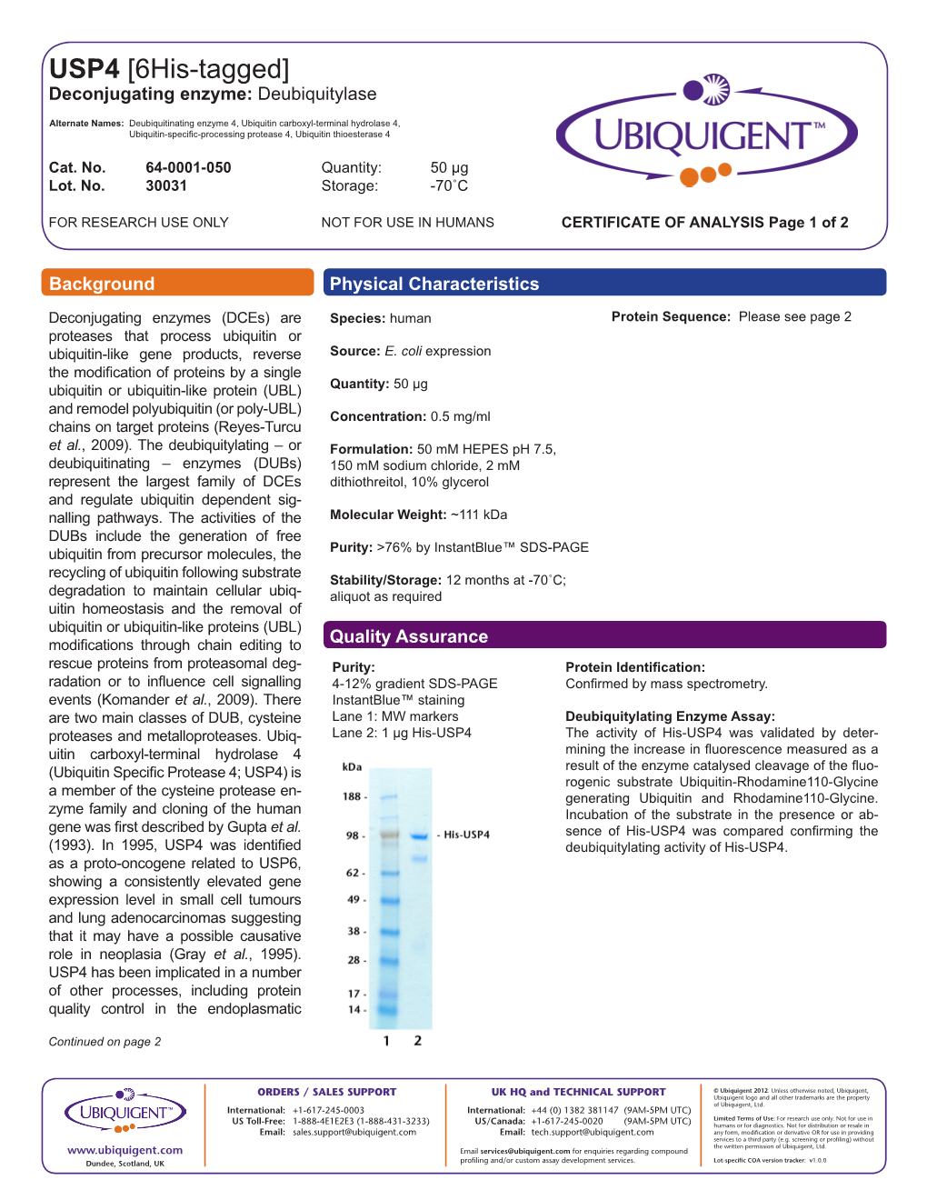 USP4 [6His-Tagged] Deconjugating Enzyme: Deubiquitylase