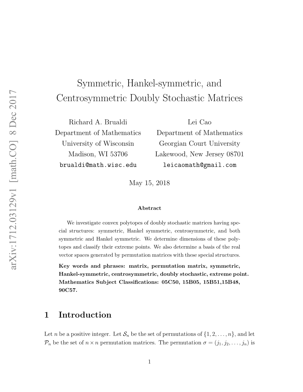 Symmetric, Hankel-Symmetric, and Centrosymmetric Doubly Stochastic