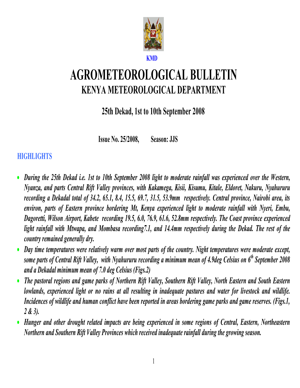 Agrometeorological Bulletin Kenya Meteorological Department