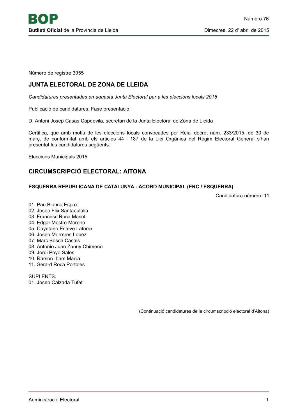 Junta Electoral De Zona De Lleida Circumscripció
