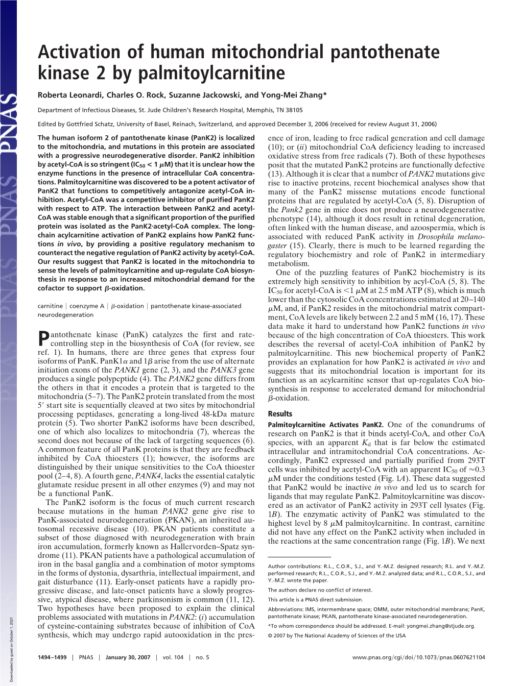 Activation of Human Mitochondrial Pantothenate Kinase 2 by Palmitoylcarnitine