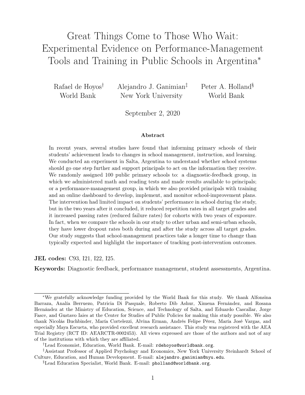 Great Things Come to Those Who Wait: Experimental Evidence on Performance-Management Tools and Training in Public Schools in Argentina∗