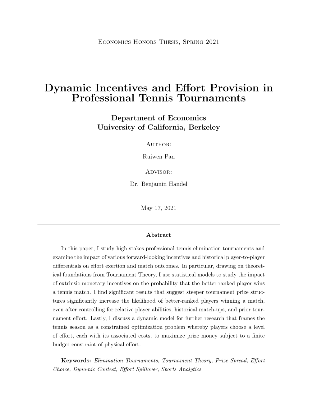 Dynamic Incentives and Effort Provision in Professional Tennis