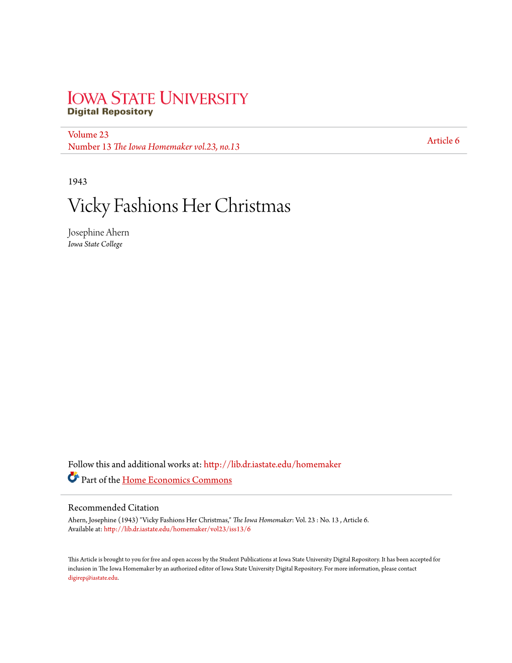 Vicky Fashions Her Christmas Josephine Ahern Iowa State College
