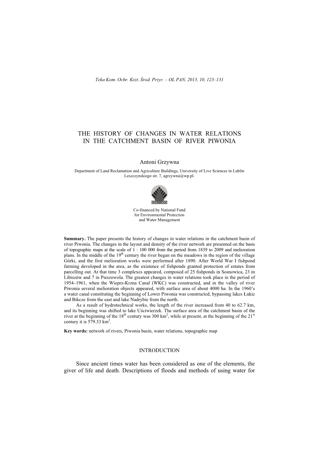 The History of Changes in Water Relations in the Catchment Basin of River Piwonia