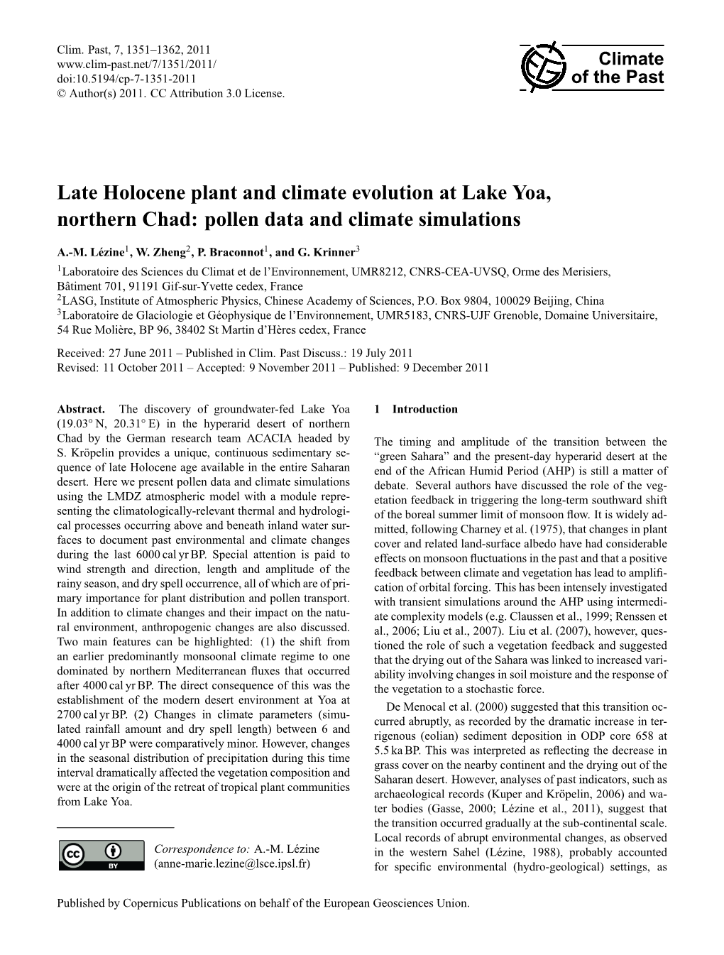 Late Holocene Plant and Climate Evolution at Lake Yoa, Northern Chad: Pollen Data and Climate Simulations