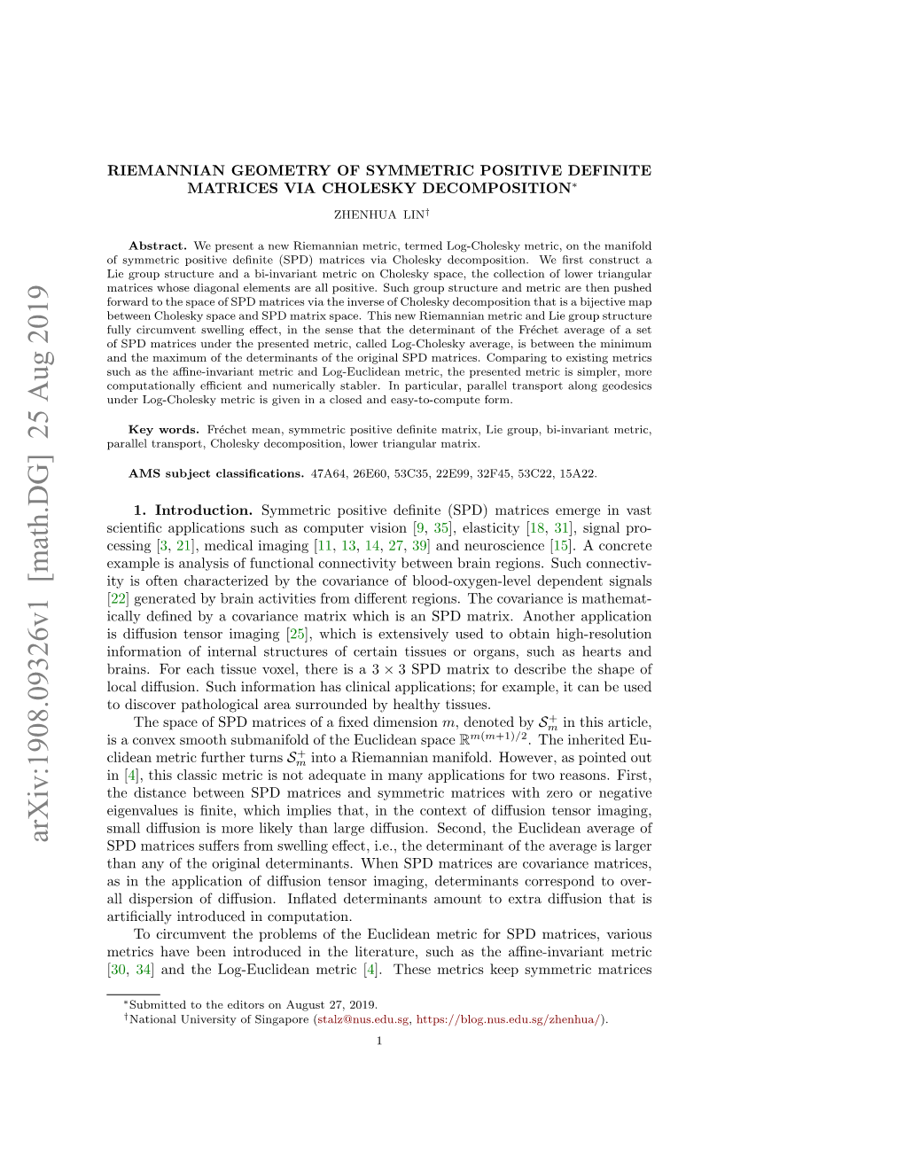 Riemannian Geometry of Symmetric Positive Definite Matrices Via Cholesky Decomposition∗