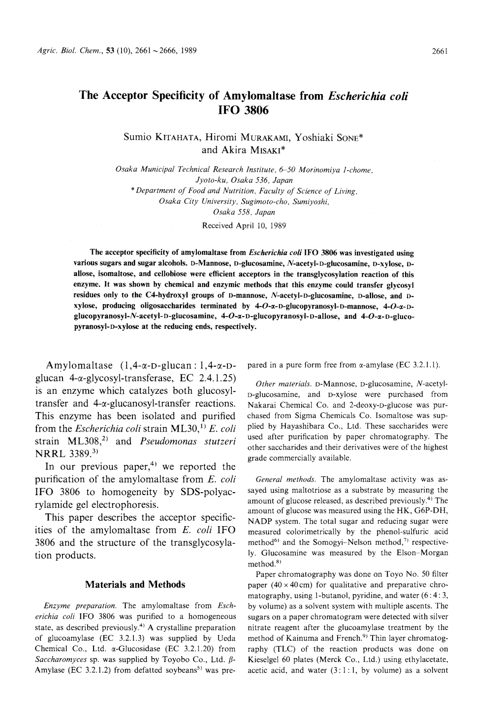 The Acceptor Specificity of Amylomaltase from Escherichia Coli IFO 3806