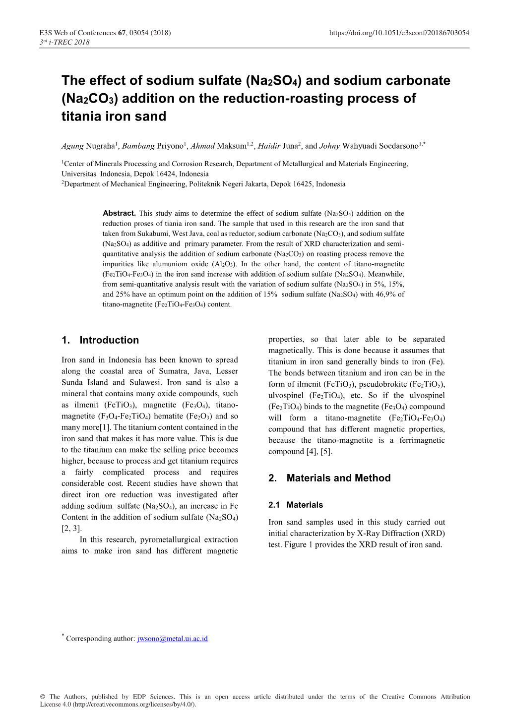 The Effect of Sodium Sulfate (Na2so4) and Sodium Carbonate (Na2co3) Addition on the Reduction-Roasting Process of Titania Iron Sand